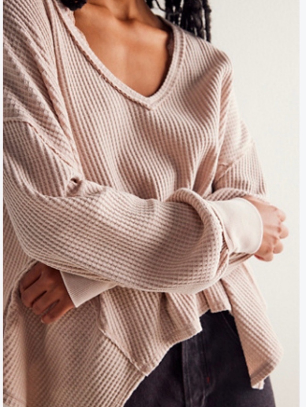We the Free by Free People Coraline V-Neck Waffle Knit Sweater in light taupe.